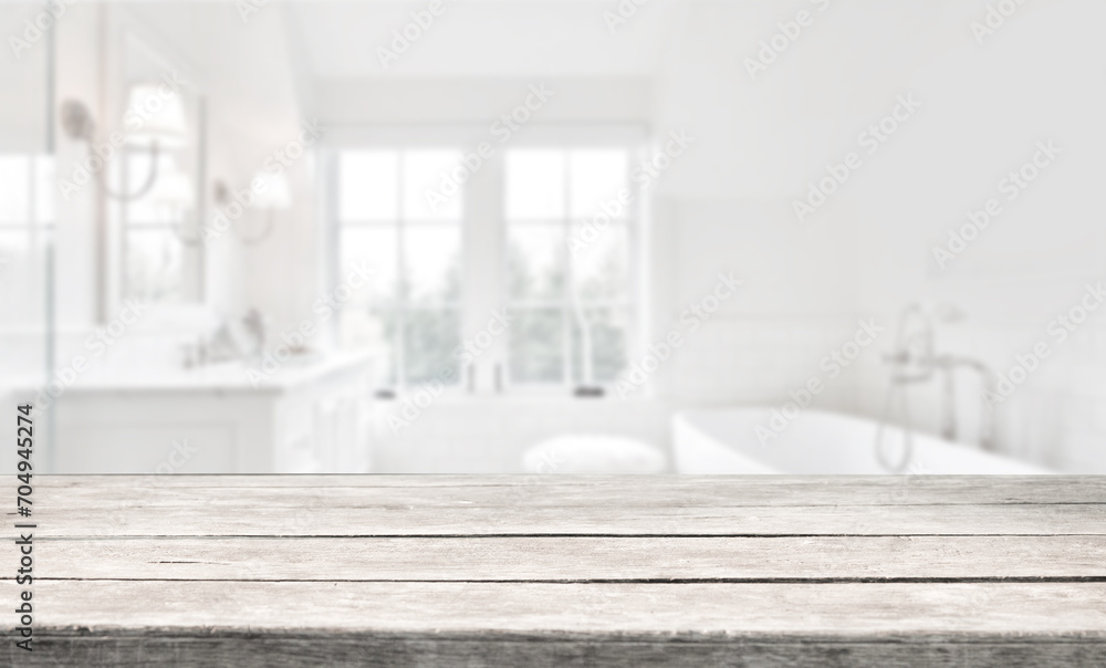 Free space countertop background on blurred kitchen window interior Free space countertop background on blurred kitchen window interior