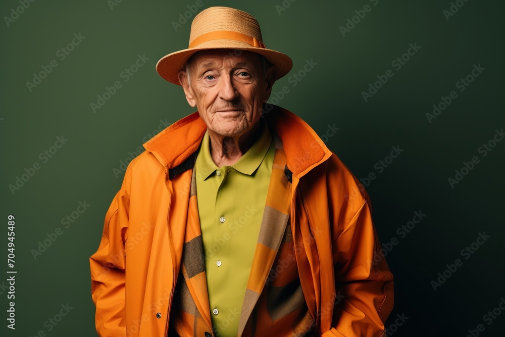 Portrait of an elderly man in a yellow raincoat and a hat. Portrait of an elderly man in a yellow raincoat and a hat.