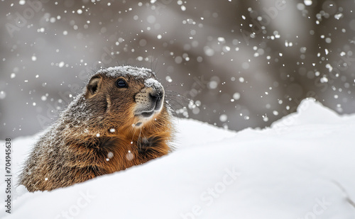 Groundhog peaking from the Snow for Groundhog Day Celebration
