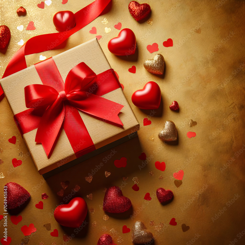Golden Affection: Gift Box and Red Hearts Arranged in Flat Lay Style, A Valentine's Day Banner. Golden Affection: Gift Box and Red Hearts Arranged in Flat Lay Style, A Valentine's Day Banner.
