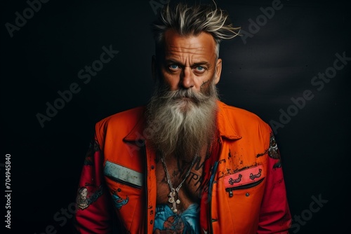 Portrait of a handsome man with long gray beard and mustache in orange jacket on black background
