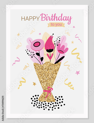 Bright birthday card in flat cartoon style. Cute vector illustration template with a bouquet of flowers.