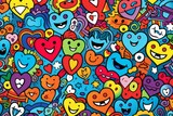 Cartoon cute doodles showcasing a variety of doodle sets with happy faces, stars, and hearts for a cheerful kids' seamless pattern, Generative AI
