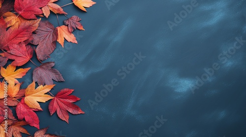 autumn background with colored red leaves on blue slab