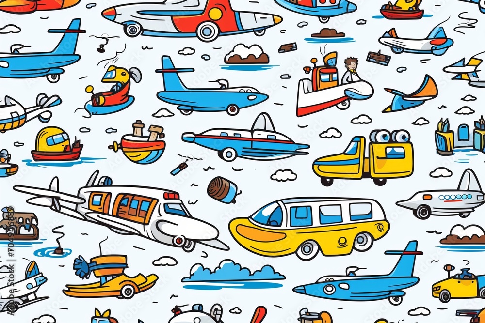 Cartoon cute doodles showcasing doodle sets of various transportation modes, including planes, trains, and boats, in a lively and dynamic, Generative AI
