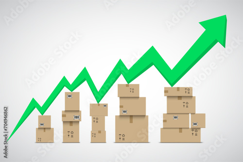 Stacks of cardboard boxes under the graphs growing upward arrow. Cargo delivery. Stock vector illustration