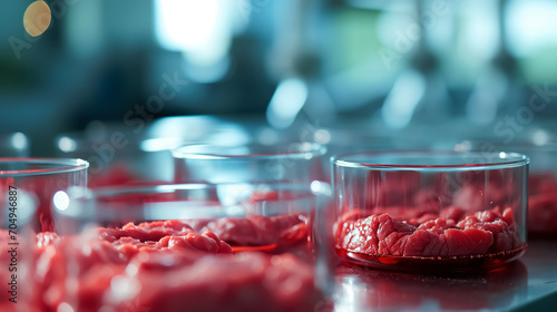 Artificial Cultivation of Beef from a Test Tube in a Laboratory. Organic Meat Concept in Vitro. Vegan Food. photo