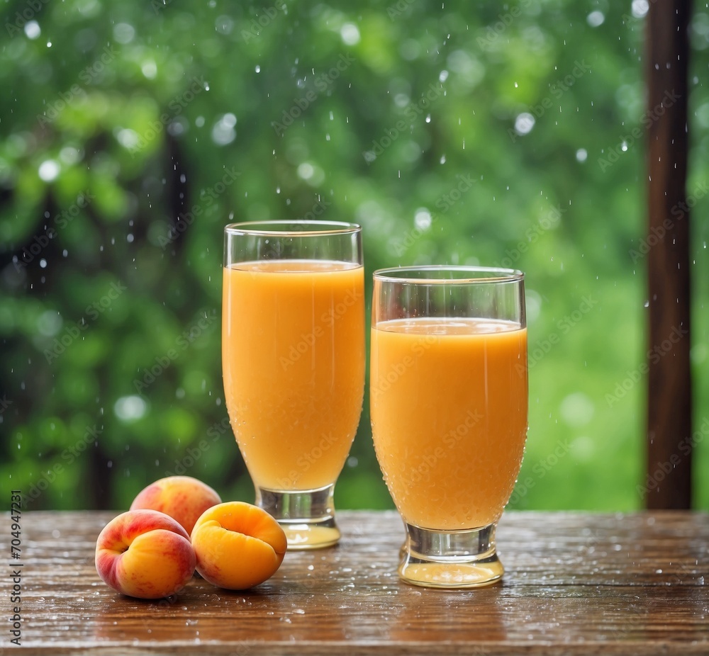 Two glasses of fresh apricot juice on a wooden table with fresh apricots on the background