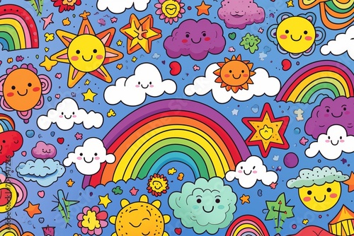 Cartoon cute doodles featuring doodle sets of smiling suns  clouds  and rainbows in a charming and colorful seamless design  Generative AI