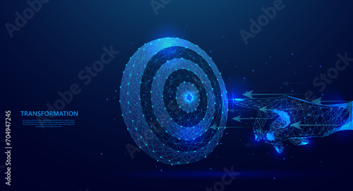 Digital transformation concept, illustration of hand touching target for next generation technology era. blue low poly style vector background.