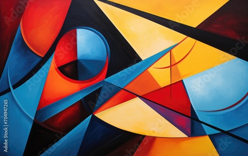 The energy of chaos by arranging irregular, overlapping shapes in bold, contrasting colors.