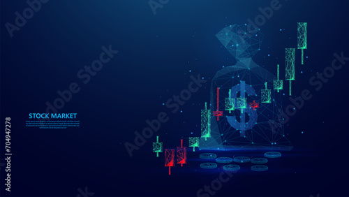 stock market trading profit illustration on coin bag and stock growth candlestick. blue low poly style futuristic background. vector illustration.