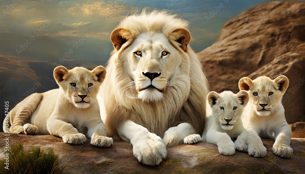 Close-up of a white lion with three cubs looking at camera. Generative Ai.