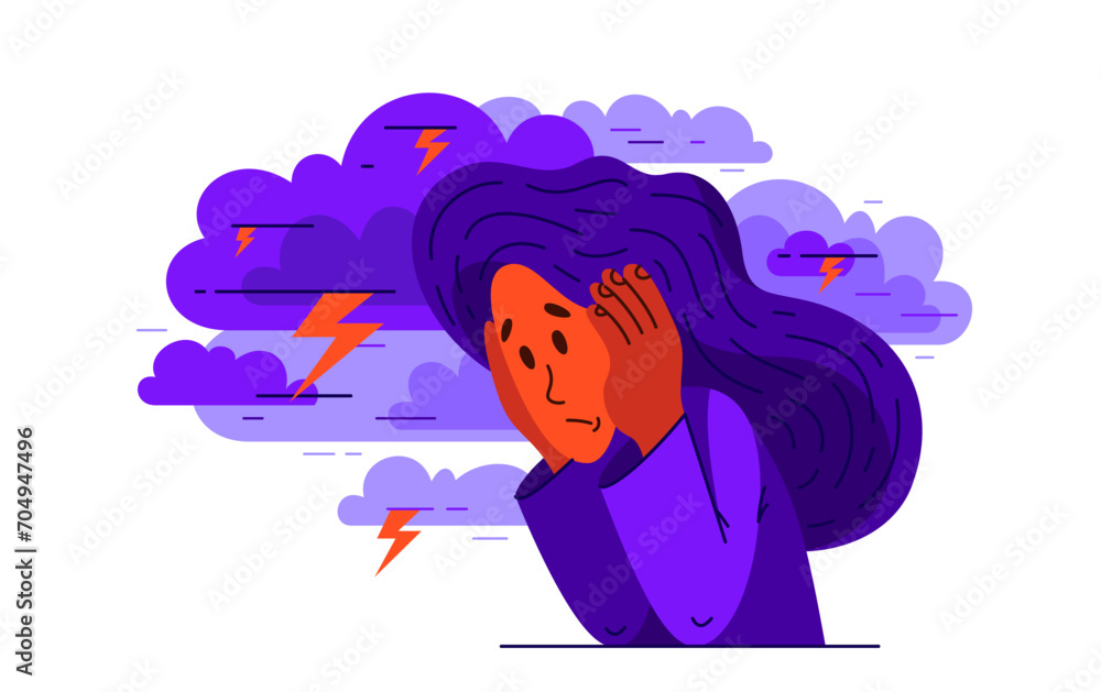 Young woman having a psychological problem of stress or anxiety, vector illustration of stressed girl having mental disorder or tired, headache flat style drawing. Young woman having a psychological problem of stress or anxiety, vector illustration of stressed girl having mental disorder or tired, headache flat style drawing.