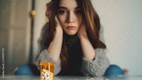 Caucasian female contemplating take prescription pills