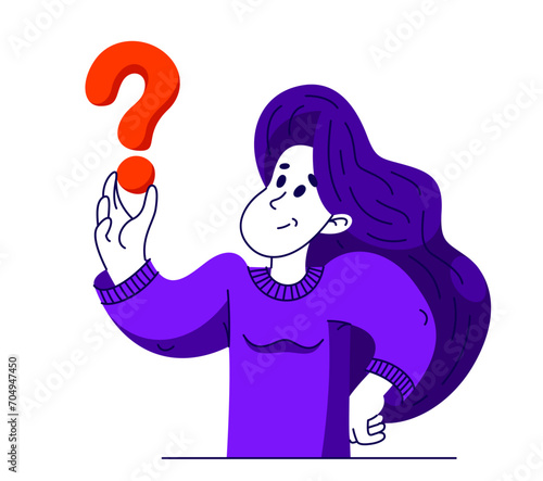Young woman having a doubt and question, vector illustration of a person who is hesitating and thinking about some problem, decide uncertainty.