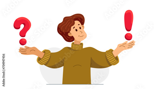 Young man having a doubt and question, vector illustration of a person who is hesitating and thinking about some problem, decide uncertainty.