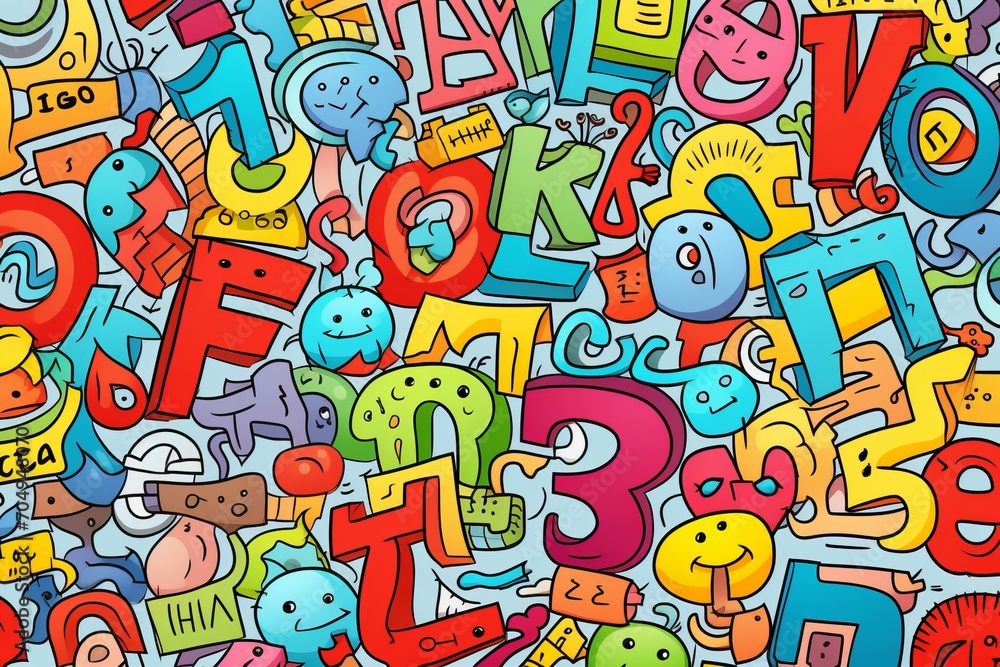 Cartoon cute doodles illustrating a set of hand-drawn alphabet letters and numbers in a playful and educational seamless design, Generative AI Cartoon cute doodles illustrating a set of hand-drawn alphabet letters and numbers in a playful and educational seamless design, Generative AI