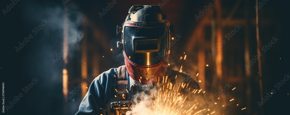 view of a welder at work in the automotive industry - obrazy, fototapety, plakaty 