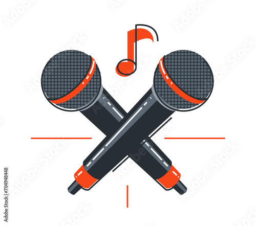 Microphone emblem isolated over white background vector flat linear style illustration isolated, logo or icon for singer or rapper or stand-up comic.