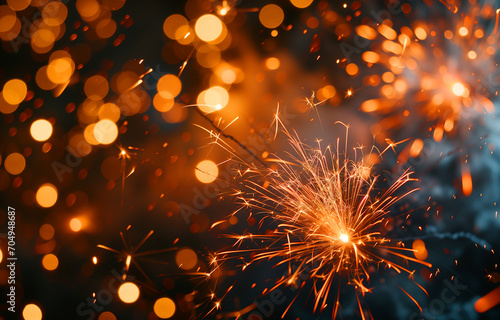Golden fireworks, sparklers, festive lights on a dark background. Photorealistic, background with bokeh effect. 