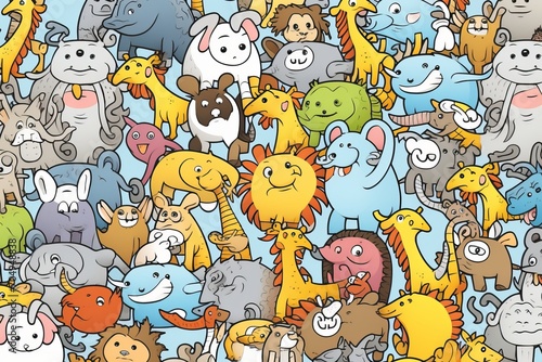 Cartoon cute doodles of kid-friendly animals like elephants, lions, and giraffes, forming a charming and lively seamless backdrop, Generative AI