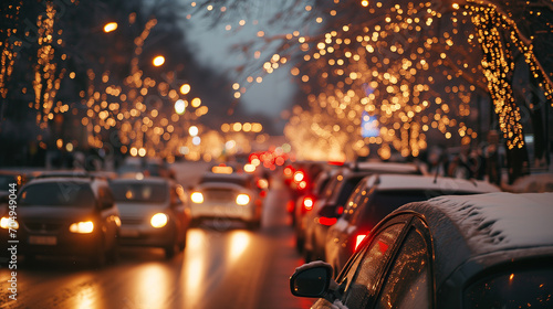 Traffic jams on the road in winter, winter holidays. Photorealistic, background with bokeh effect.  © Mariia Mazaeva