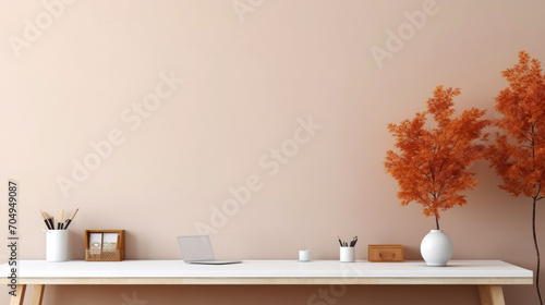 Wallpaper Mural Side view of work desk with notepad, office supplies, flowers and creative clutter. Light background. Generative AI Torontodigital.ca