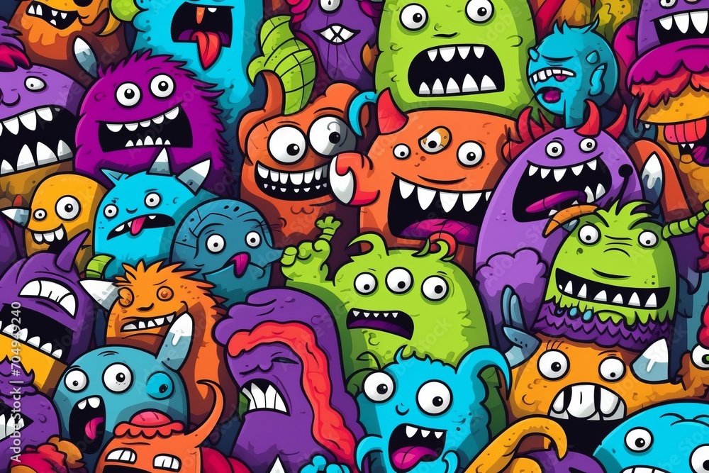 Cartoon cute doodles of kid-friendly monsters and aliens in a whimsical and imaginative seamless pattern, Generative AI