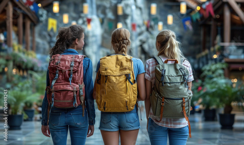 Young Students with Backpacks Gazing at World Landmarks, Symbolizing Study Abroad and International Education Programs for Cultural Exchange