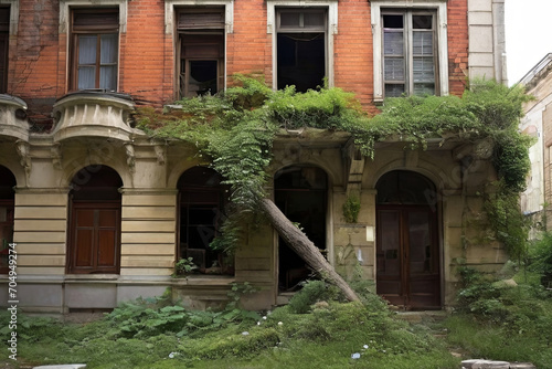 Nature reclaims ruins. Old buildings embraced by nature's beauty. Stunning mix of decay and natural growth in urban landscapes.