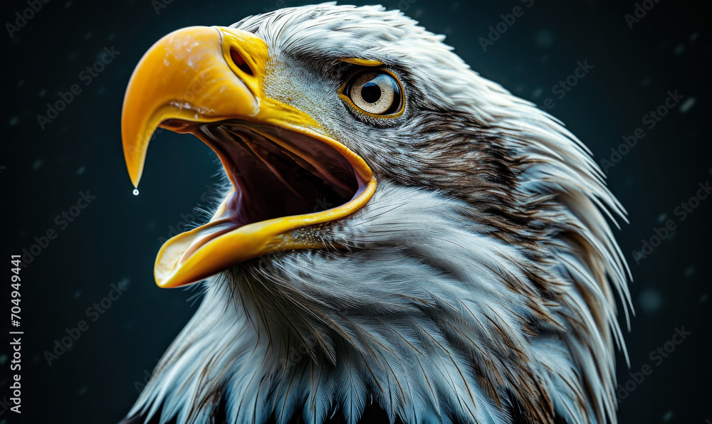 Majestic bald eagle portrait with open beak against a dark background, showcasing the fierce beauty and strength of this iconic bird of prey - obrazy, fototapety, plakaty 