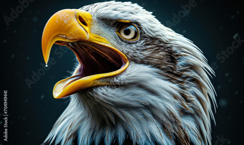 Majestic bald eagle portrait with open beak against a dark background, showcasing the fierce beauty and strength of this iconic bird of prey photo