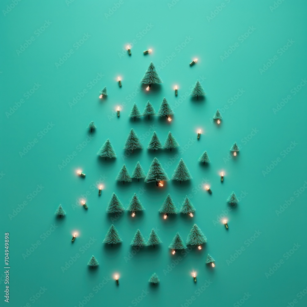 An abstract formation of christmas trees and lights creating a larger tree shape on a teal backdrop