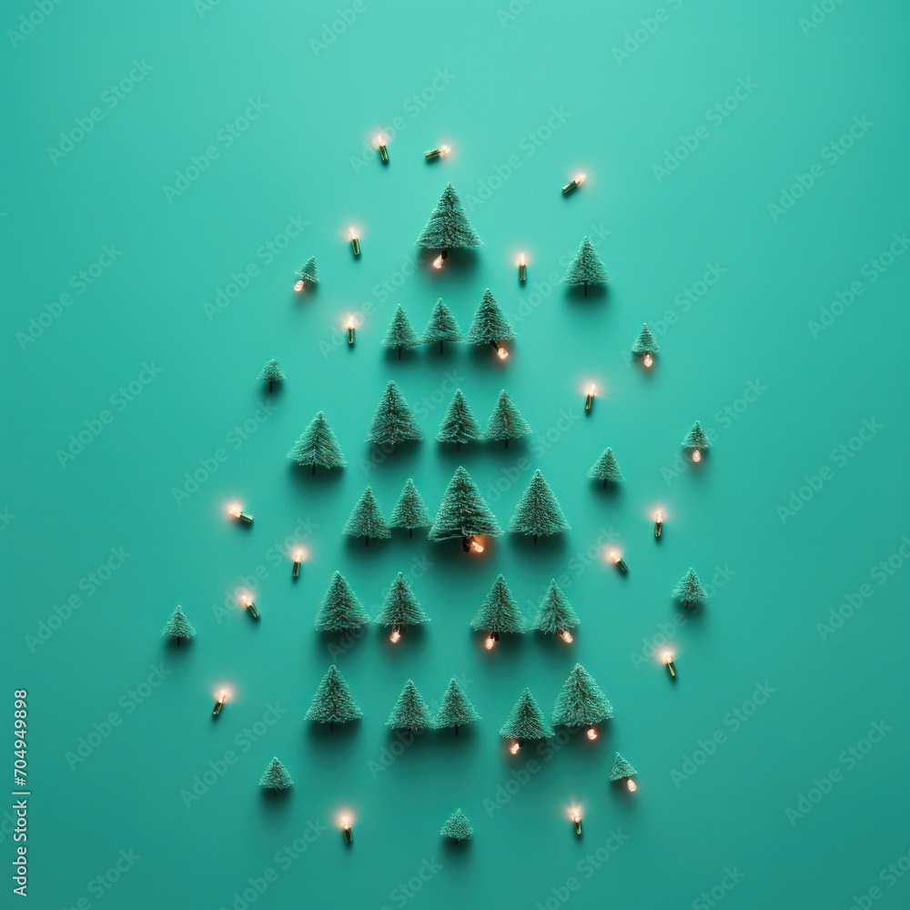 An abstract formation of christmas trees and lights creating a larger tree shape on a teal backdrop An abstract formation of christmas trees and lights creating a larger tree shape on a teal backdrop