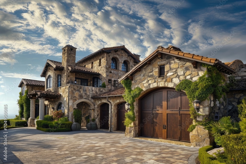Architectural Beauty: Country House Design with Stone Garage, Summer Sky and Flower Lawn