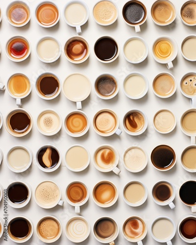 Top-down view of numerous coffee cups featuring various shades and textures of coffee © Glittering Humanity