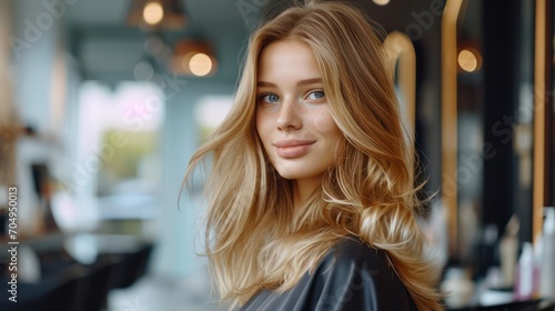 a beautiful blonde model woman in the hairdresser salon gets a new haircut, dyes her hair and style it