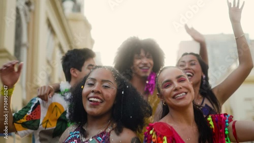 Carnival Splendor: Cheerful Friends Dancing Together, Festive Street Party in Brazil with Colorful Costumes and Smiling Faces.