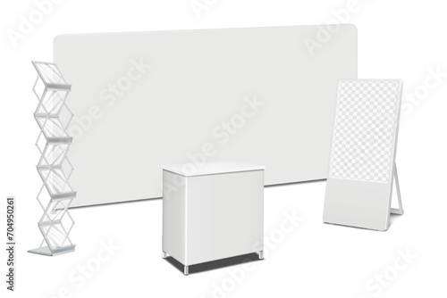 Tradeshow table counter, literature rack with clear shelves, LCD digital video display, exhibition backdrop banner stand mockup. Trade show kit vector mock-up. Expo set template for design