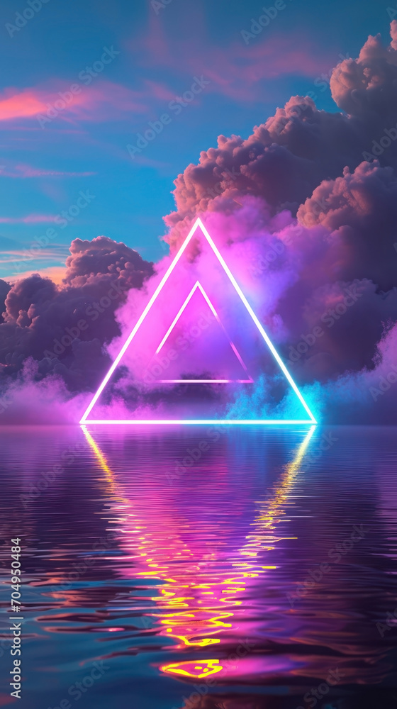 rainbow colored glowing neon triangle in the clouds and lake, dreamy scene