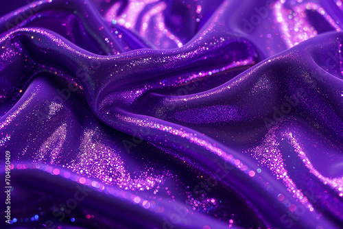 Purple shiny silk fabric with lurex lies with flowers, background