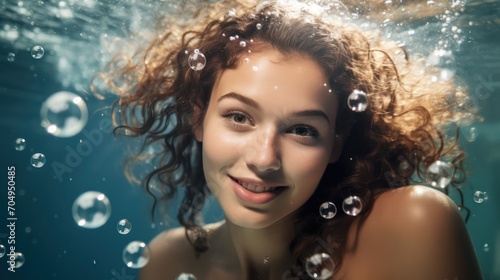 portrait of a beautiful pretty model woman swimming under the water with bubbles