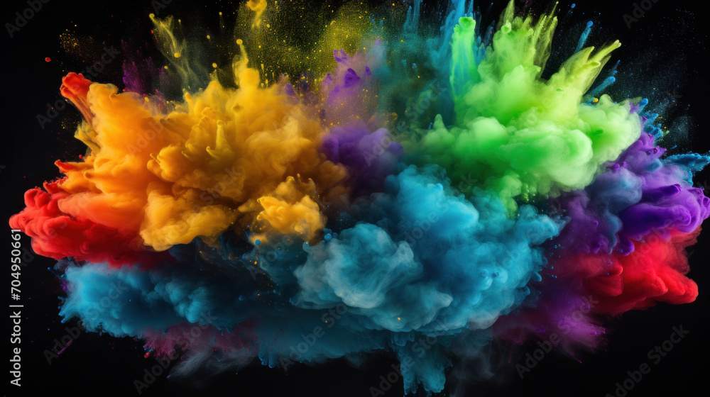 Vibrant explosion of multicolored powder dust against a stark black background, creating a dynamic effect.