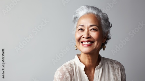 a closeup photo portrait of a beautiful elderly senior model woman with grey hair laughing and smiling with clean teeth. used for a dental ad. isolated on white background.