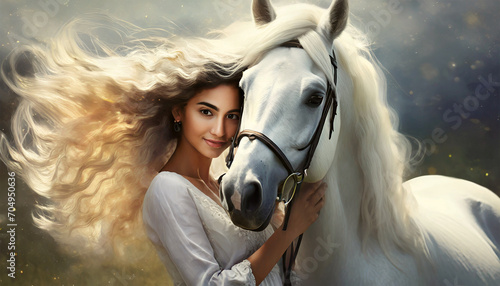 Close-up of a beautiful white horse hugged by a young woman with beautiful long curly blonde hair blowing in the wind. Generative Ai.