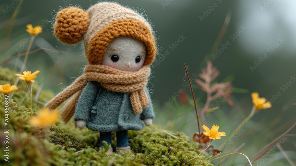 miniature world, Cute woman made from wool and felt, standing on the hill, full of flower