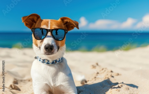  dog with sunglasses, frolicking on the sun-drenched sand beach, thoroughly savoring its vacation under the warm and sunny skies.