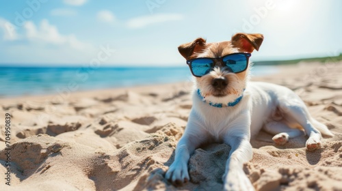  cute dog sporting sunglasses, basking in the sun on a sandy beach during a sunny day, truly relishing its vacation. © Andrey