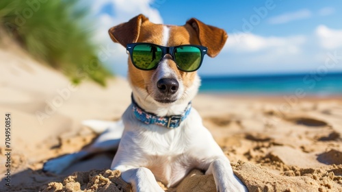 
A delightful dog sporting sunglasses relaxes on the sandy beac photo